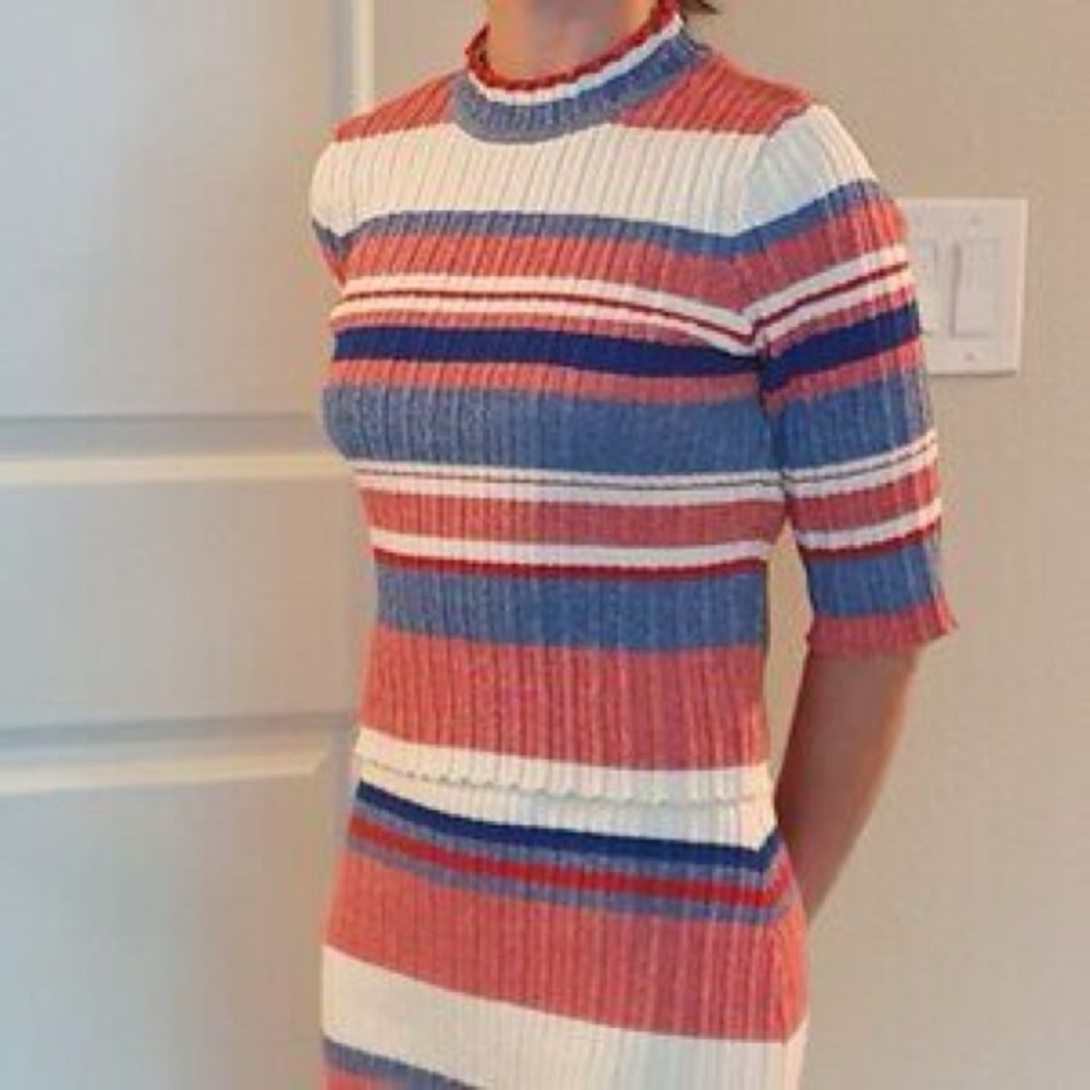 Red, White, & Blue Striped Ribbed Knit Matching Skirt & Top Midi Dress Set